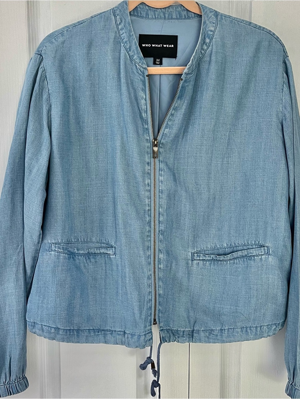 WHO WHAT WEAR Jacket Blue Lyocell Lined Zip Up Bomber Style Women’s Size M
